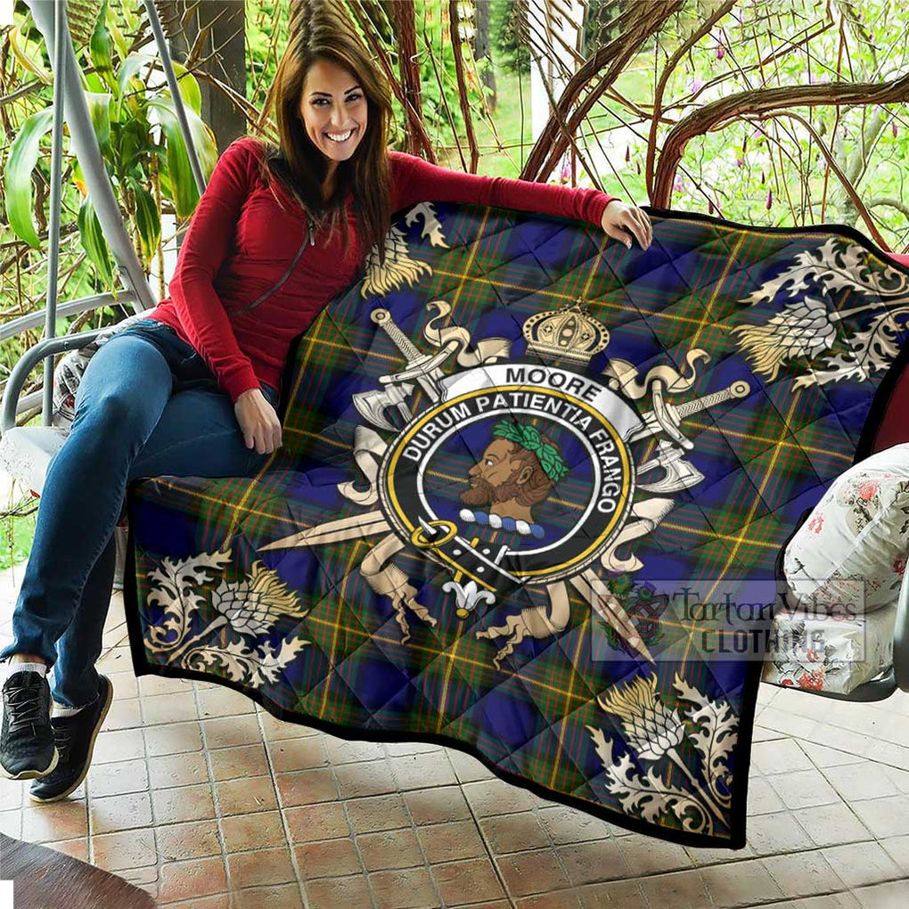 Tartan Vibes Clothing Moore Tartan Quilt with Family Crest and Scottish Golden Courage Shield