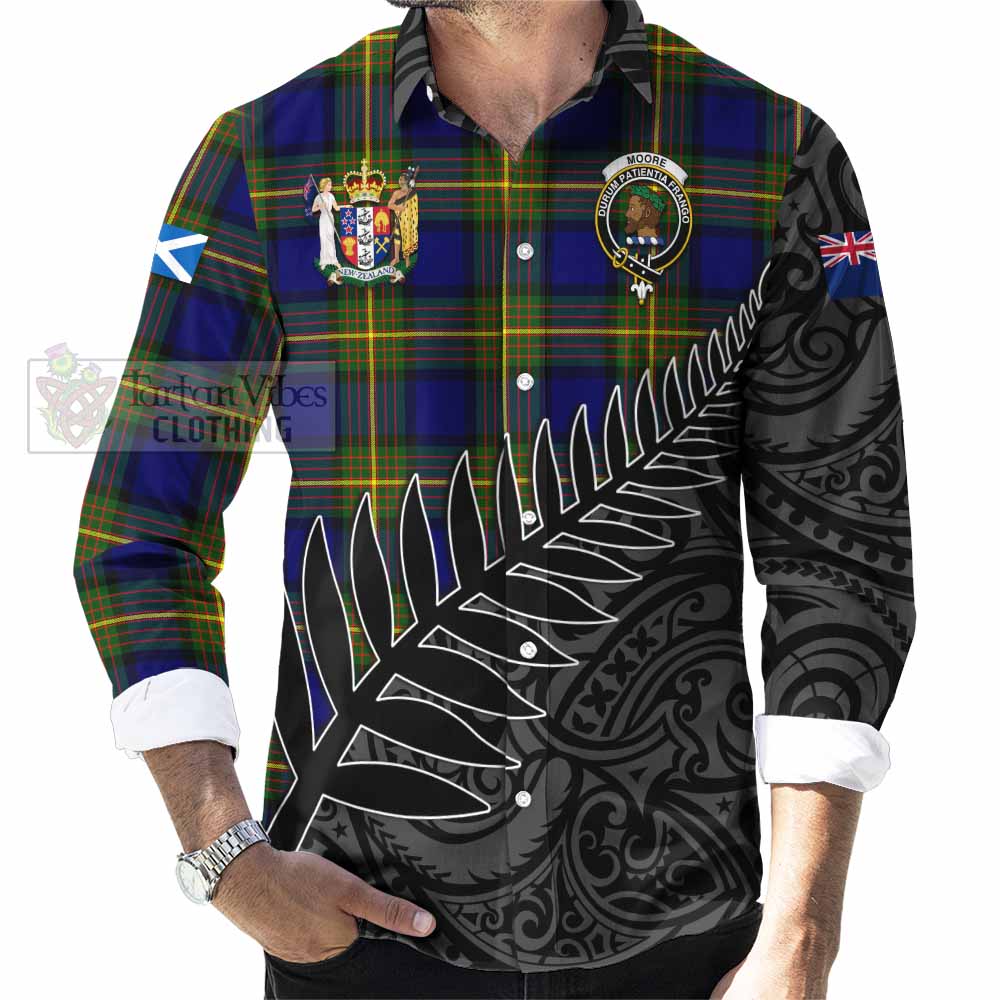 Tartan Vibes Clothing Moore Crest Tartan Long Sleeve Button Shirt with New Zealand Silver Fern Half Style