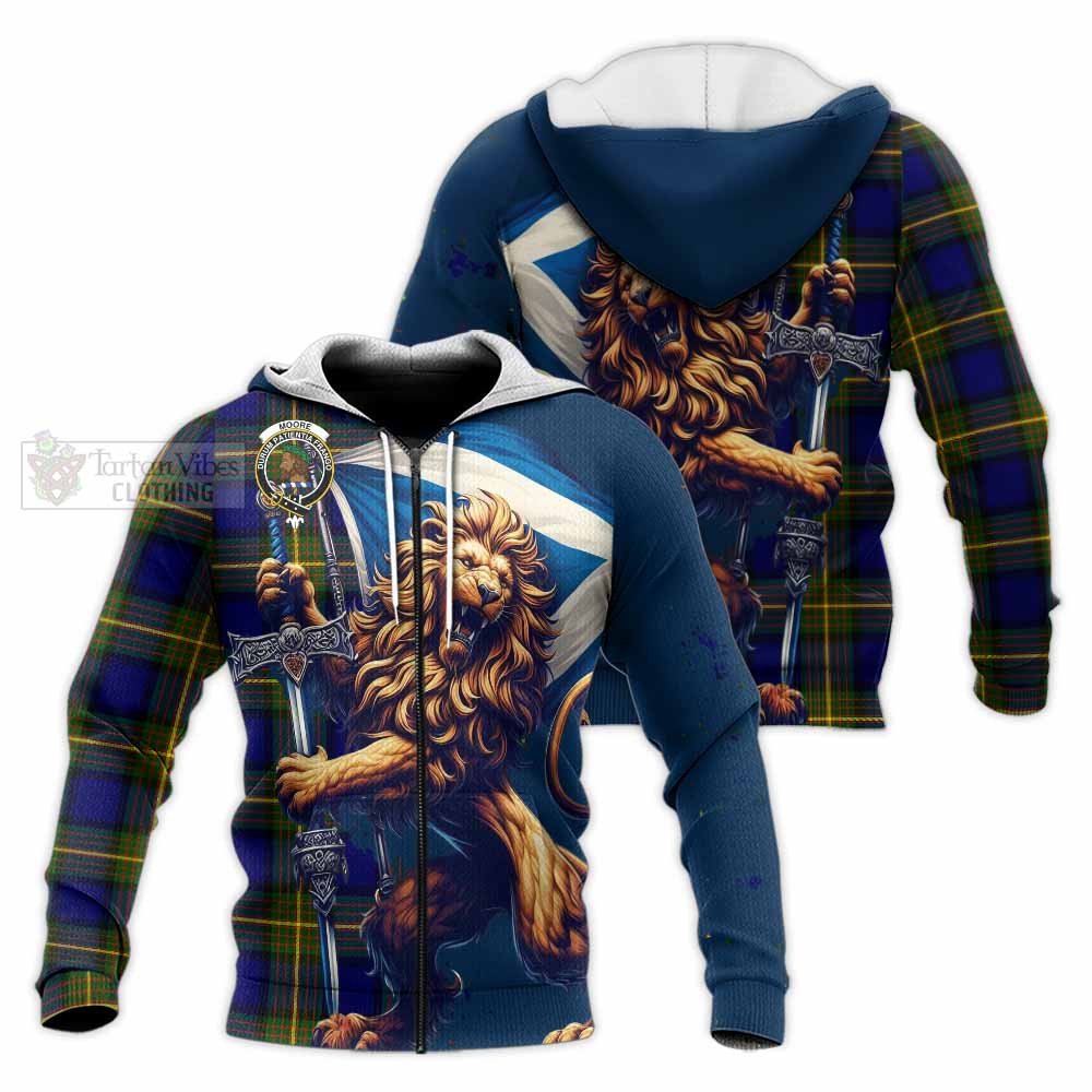 Tartan Vibes Clothing Moore Tartan Family Crest Knitted Hoodie with Scottish Majestic Lion