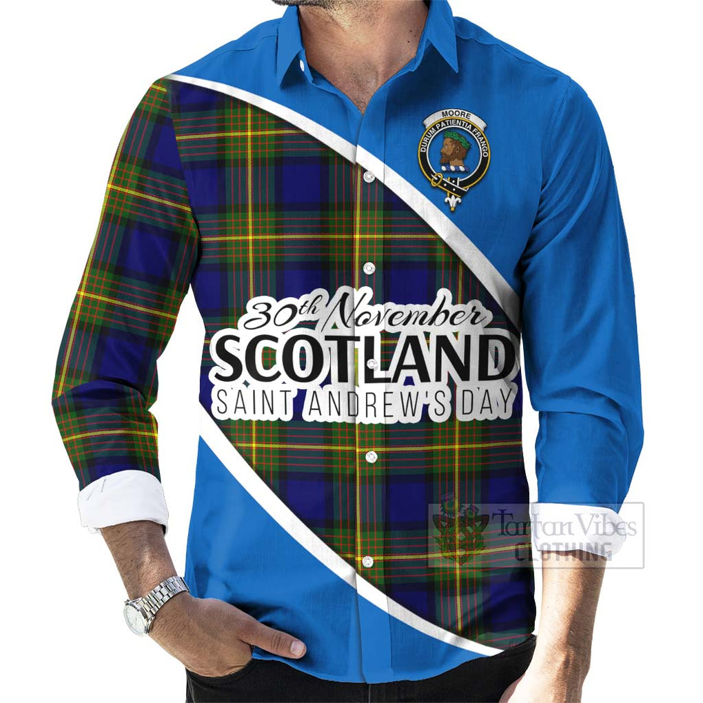 Tartan Vibes Clothing Moore Family Crest Tartan Long Sleeve Button Shirt Celebrate Saint Andrew's Day in Style