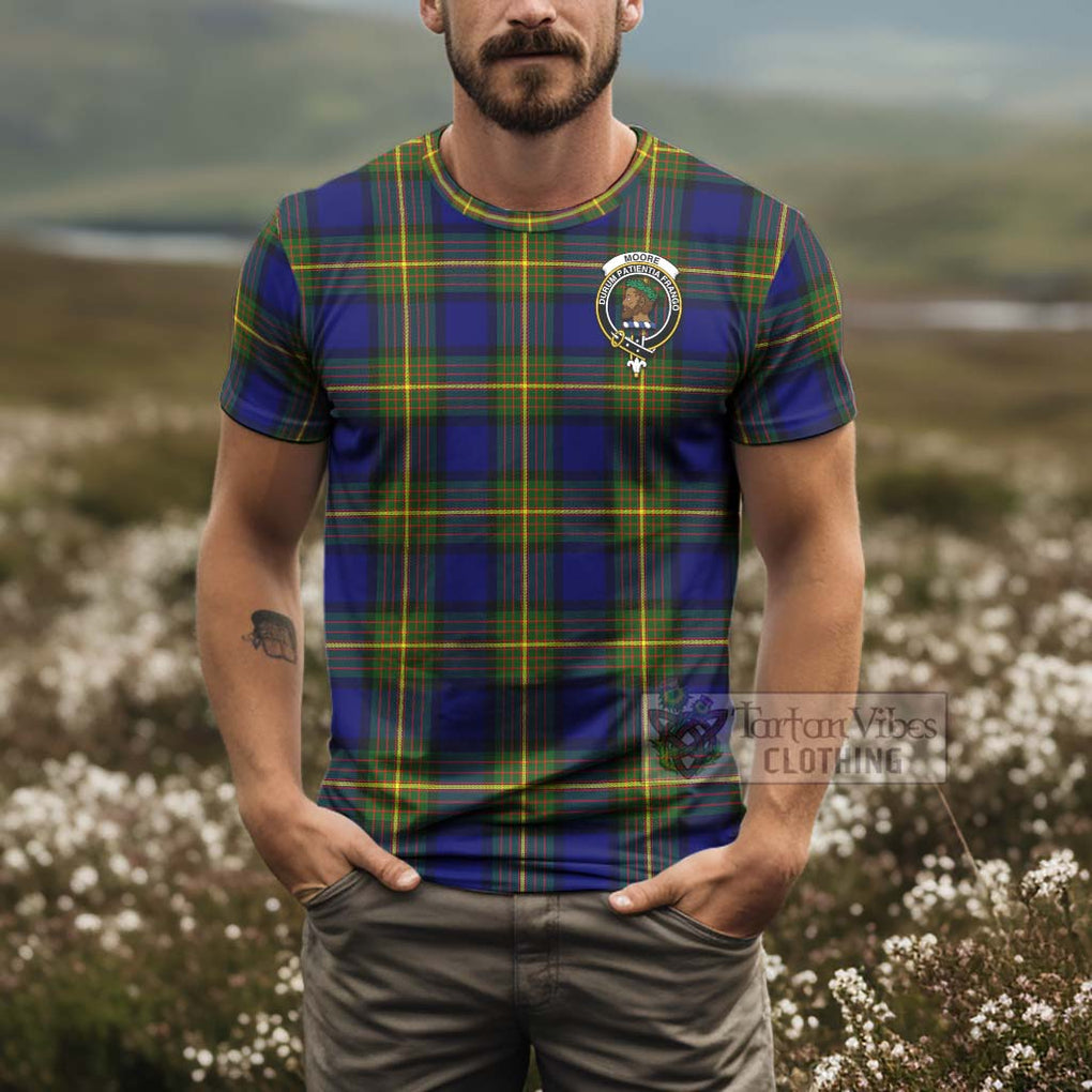 Tartan Vibes Clothing Moore Tartan T-Shirt with Family Crest and Bearded Skull Holding Bottles of Whiskey