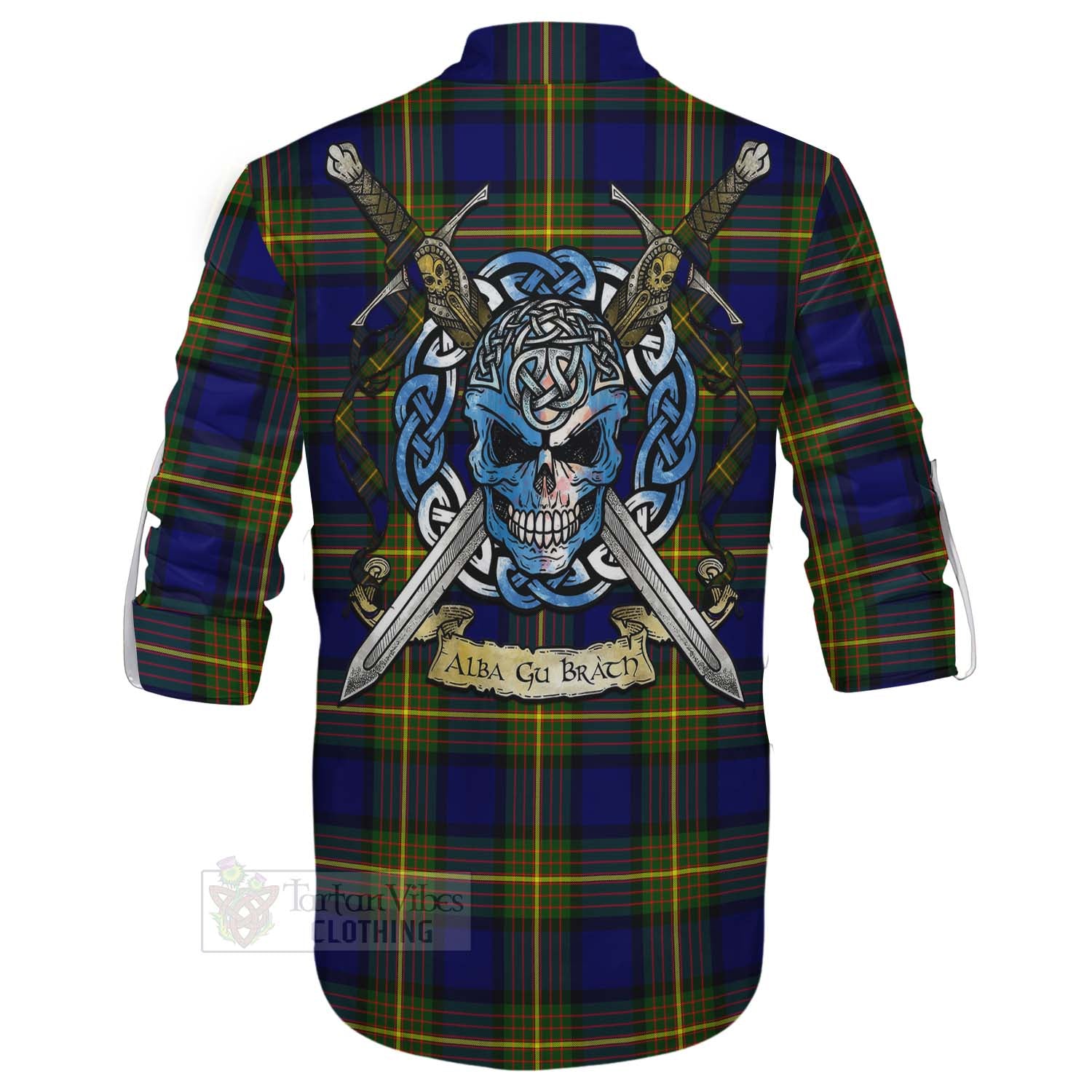 Tartan Vibes Clothing Moore Tartan Ghillie Kilt Shirt with Family Crest Celtic Skull Style