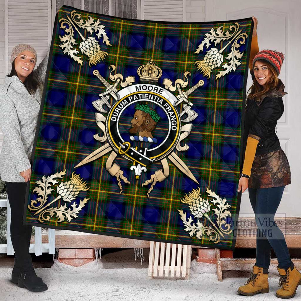 Tartan Vibes Clothing Moore Tartan Quilt with Family Crest and Scottish Golden Courage Shield