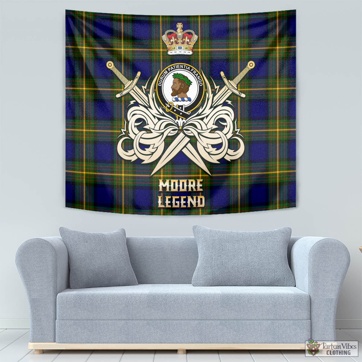 Tartan Vibes Clothing Moore Tartan Tapestry with Clan Crest and the Golden Sword of Courageous Legacy
