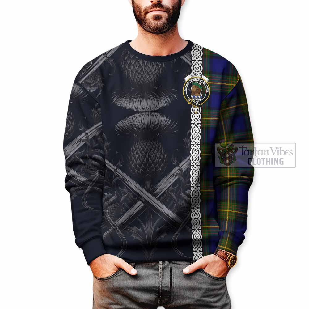 Moore Tartan Sweatshirt with Family Crest Cross Sword Thistle Celtic Vibes - Tartan Vibes Clothing