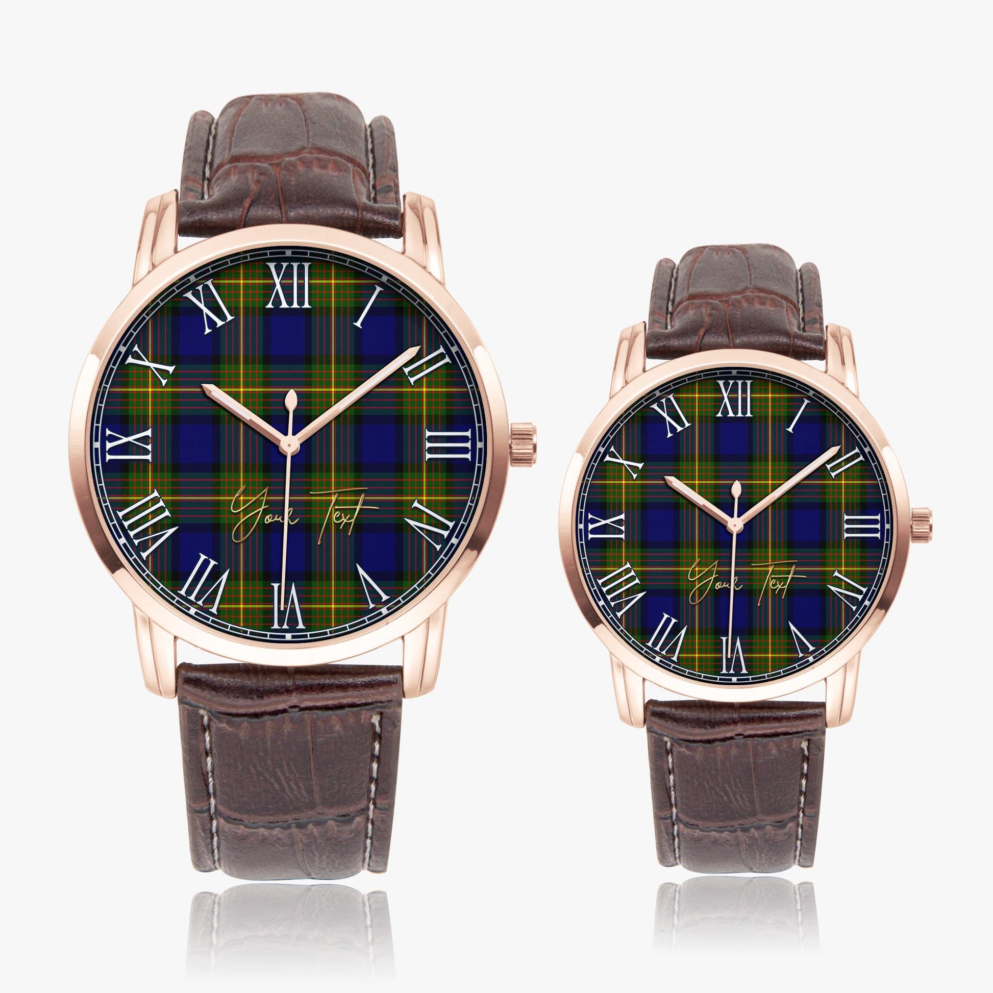 Moore Tartan Personalized Your Text Leather Trap Quartz Watch Wide Type Rose Gold Case With Brown Leather Strap - Tartanvibesclothing