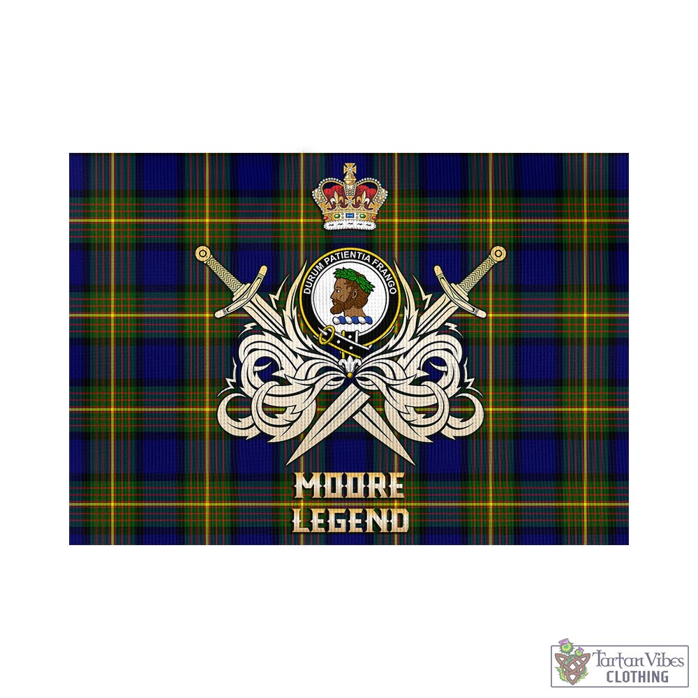 Tartan Vibes Clothing Moore Tartan Flag with Clan Crest and the Golden Sword of Courageous Legacy