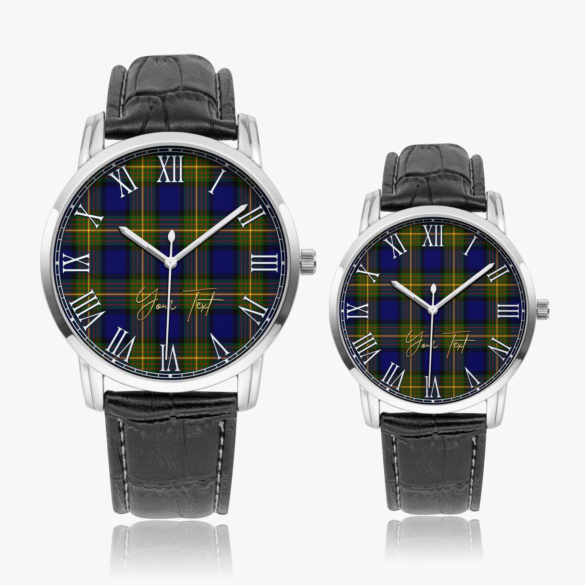 Moore Tartan Personalized Your Text Leather Trap Quartz Watch Wide Type Silver Case With Black Leather Strap - Tartanvibesclothing
