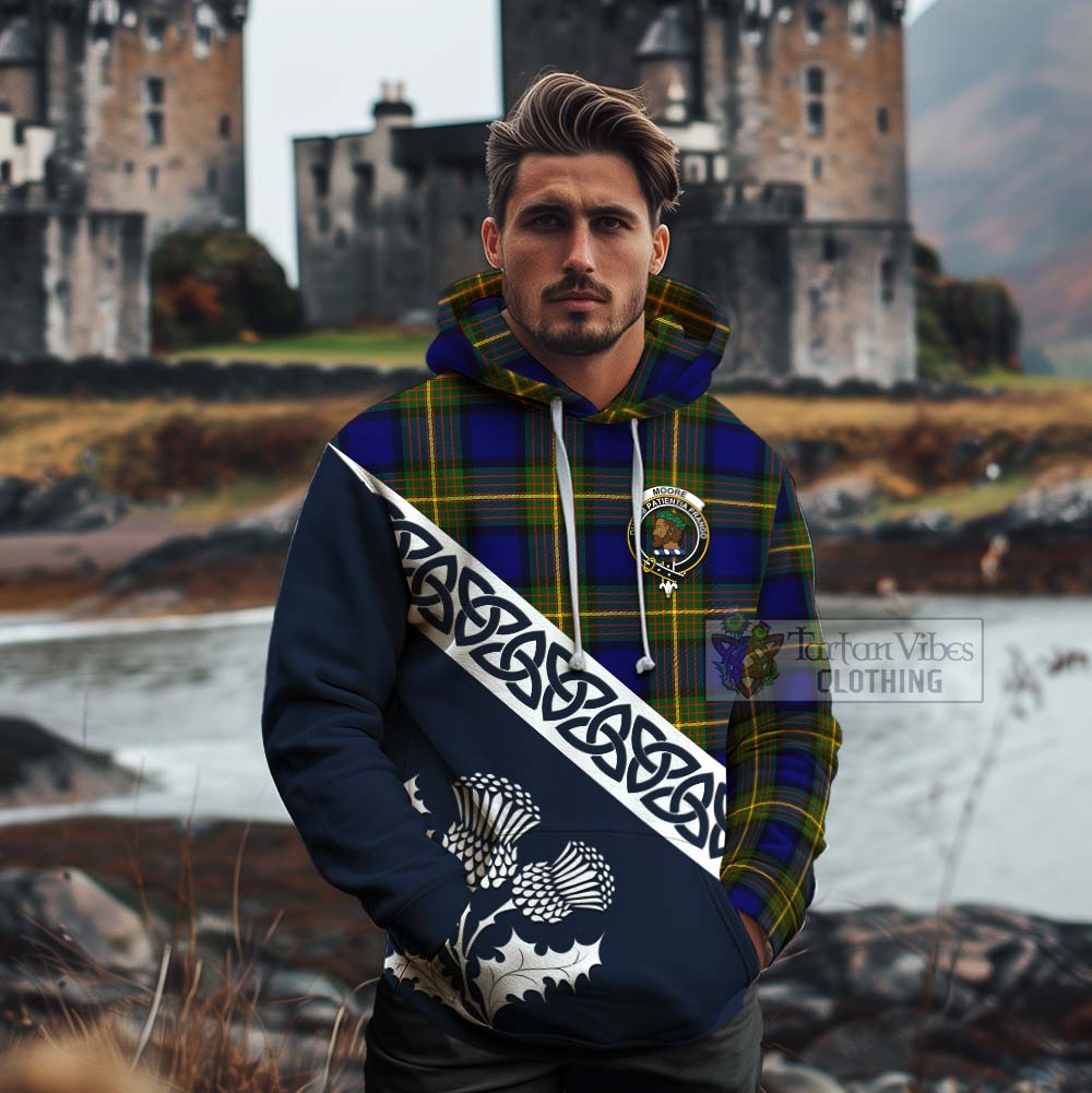 Moore Tartan Cotton Hoodie Featuring Thistle and Scotland Map - Tartan Vibes Clothing