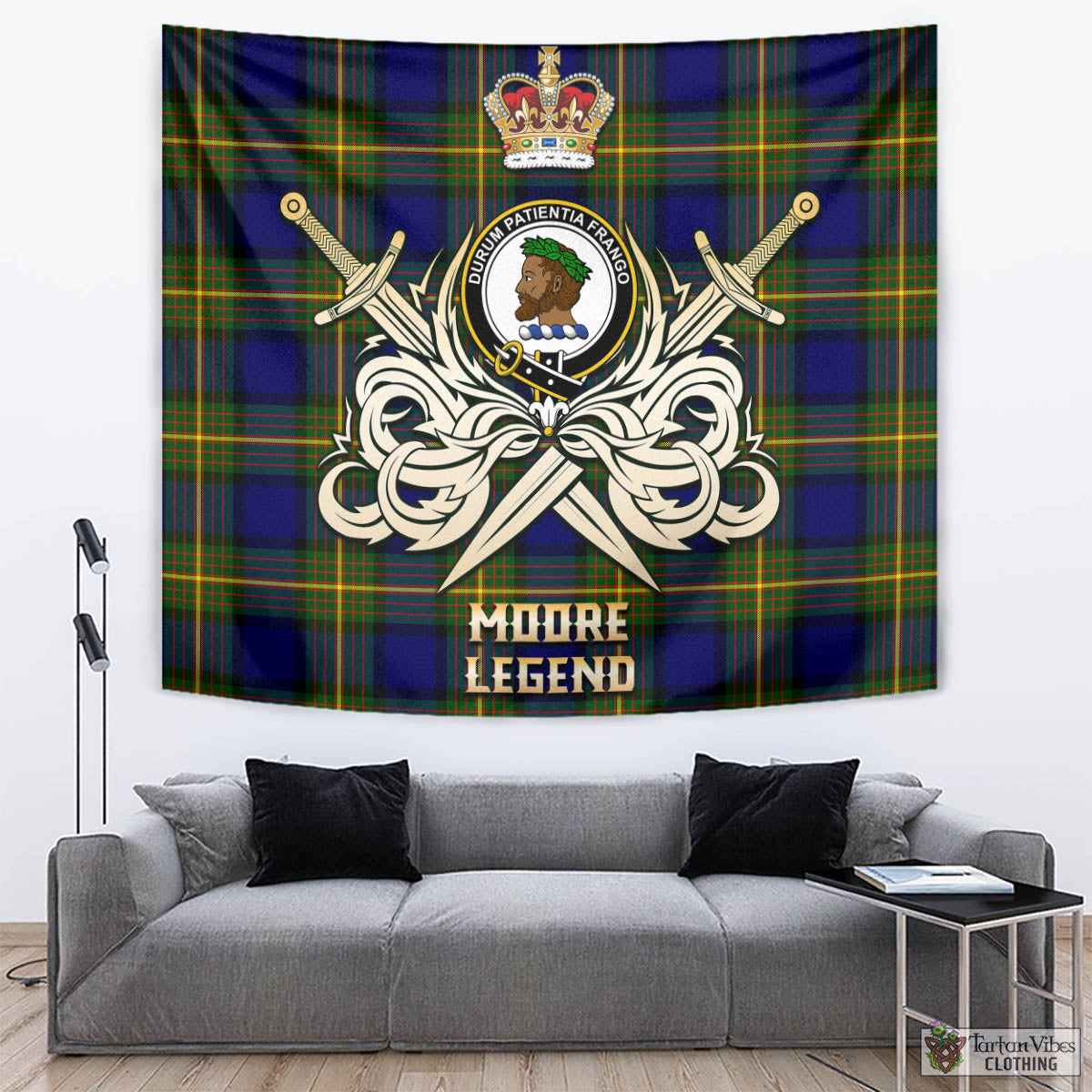 Tartan Vibes Clothing Moore Tartan Tapestry with Clan Crest and the Golden Sword of Courageous Legacy