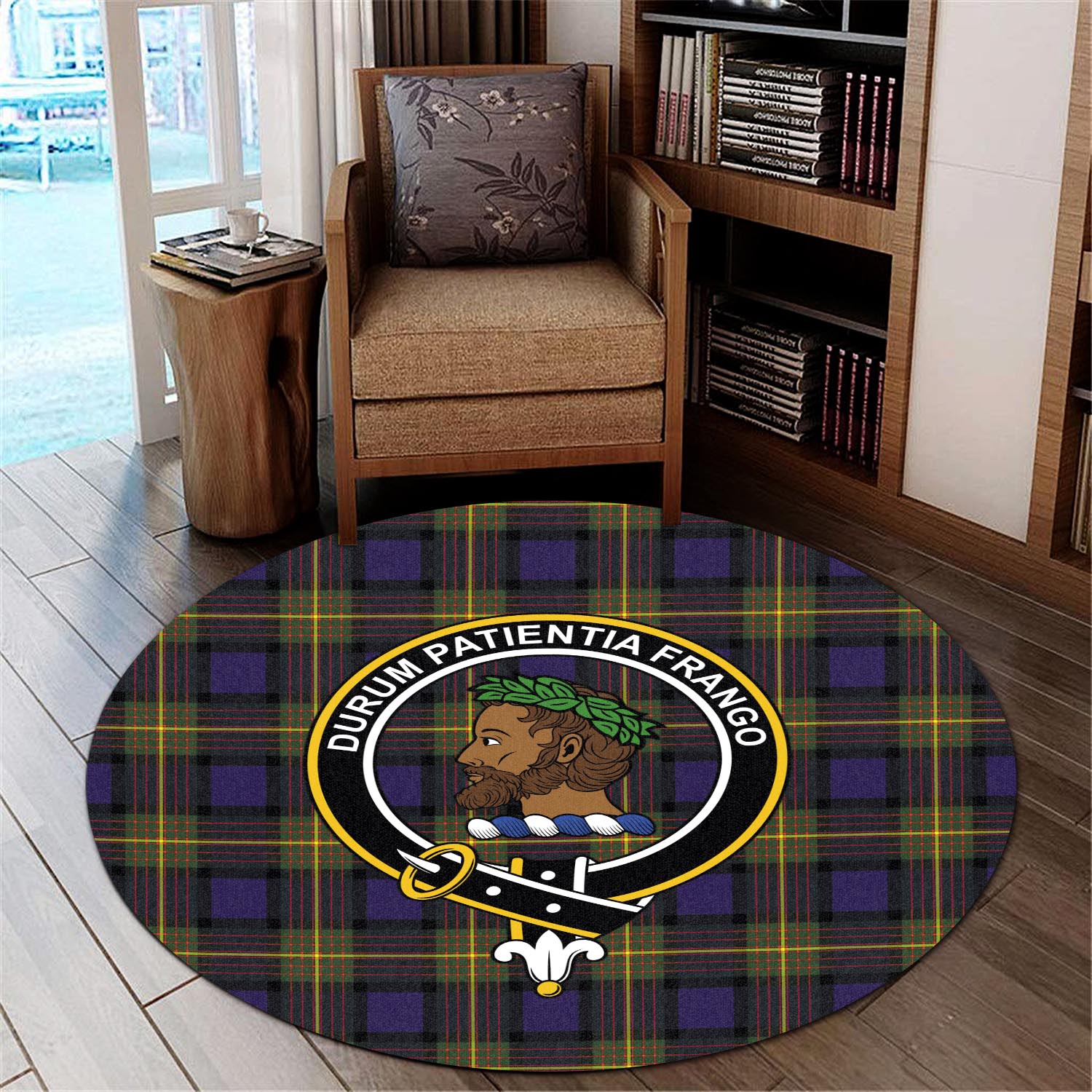 moore-tartan-round-rug-with-family-crest