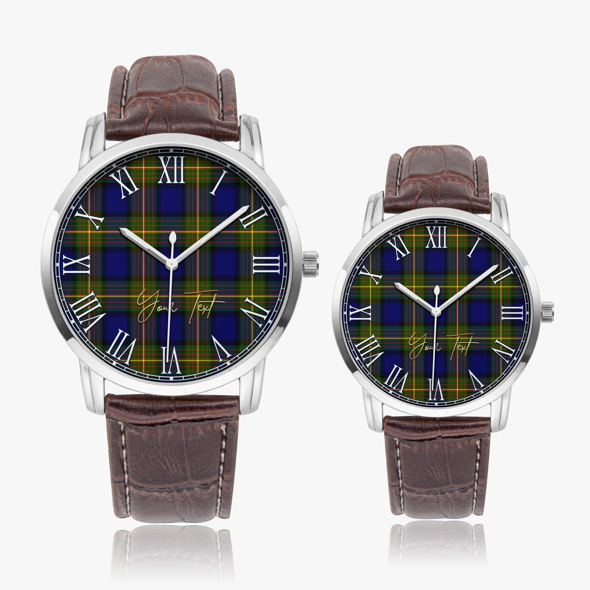 Moore Tartan Personalized Your Text Leather Trap Quartz Watch Wide Type Silver Case With Brown Leather Strap - Tartanvibesclothing