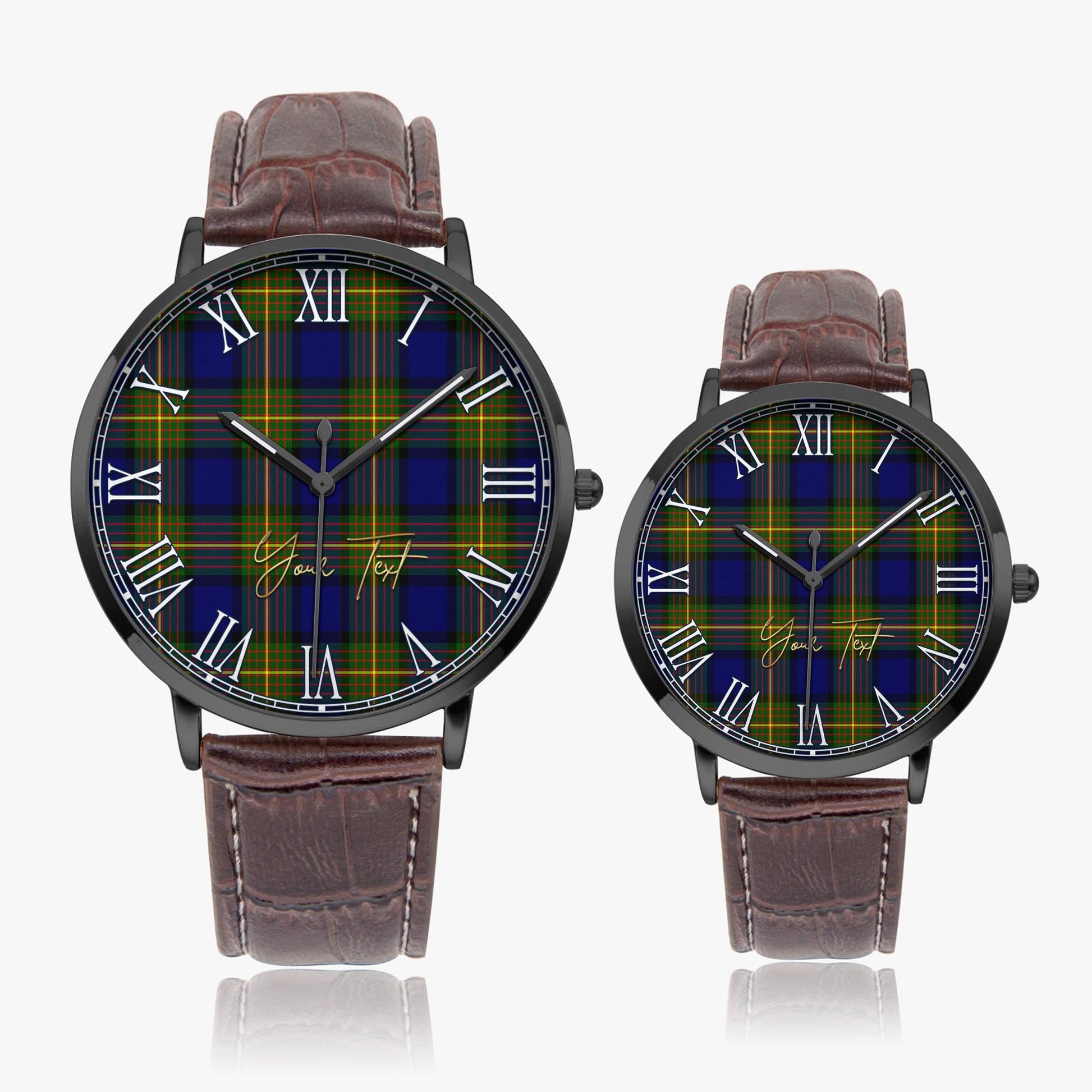 Moore Tartan Personalized Your Text Leather Trap Quartz Watch Ultra Thin Black Case With Brown Leather Strap - Tartanvibesclothing