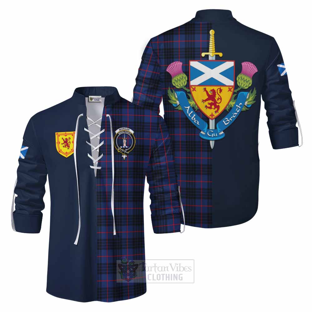 Morgan Tartan Ghillie Kilt Shirt Alba with Scottish Lion Royal Arm Half Style Men - Tartan Vibes Clothing