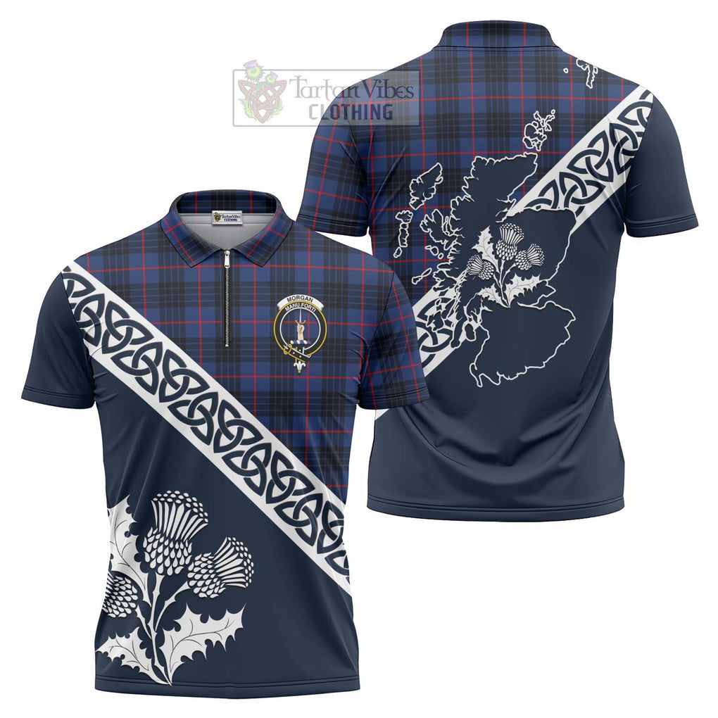 Morgan Tartan Zipper Polo Shirt Featuring Thistle and Scotland Map Unisex - Tartanvibesclothing Store