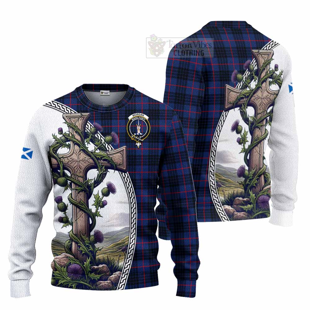 Tartan Vibes Clothing Morgan Tartan Knitted Sweater with Family Crest and St. Andrew's Cross Accented by Thistle Vines