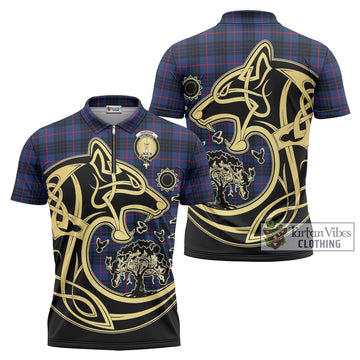 Morgan Tartan Zipper Polo Shirt with Family Crest Celtic Wolf Style Unisex - Tartan Vibes Clothing