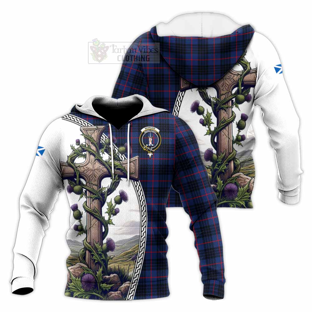 Tartan Vibes Clothing Morgan Tartan Knitted Hoodie with Family Crest and St. Andrew's Cross Accented by Thistle Vines