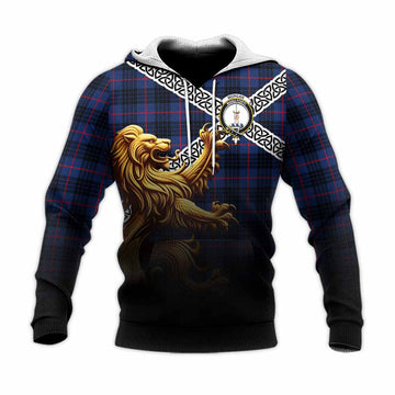 Morgan Crest Tartan Knitted Hoodie with Golden Lion Emblem Celtic Style Unisex Knitted Pullover Hoodie - Tartan Vibes Clothing