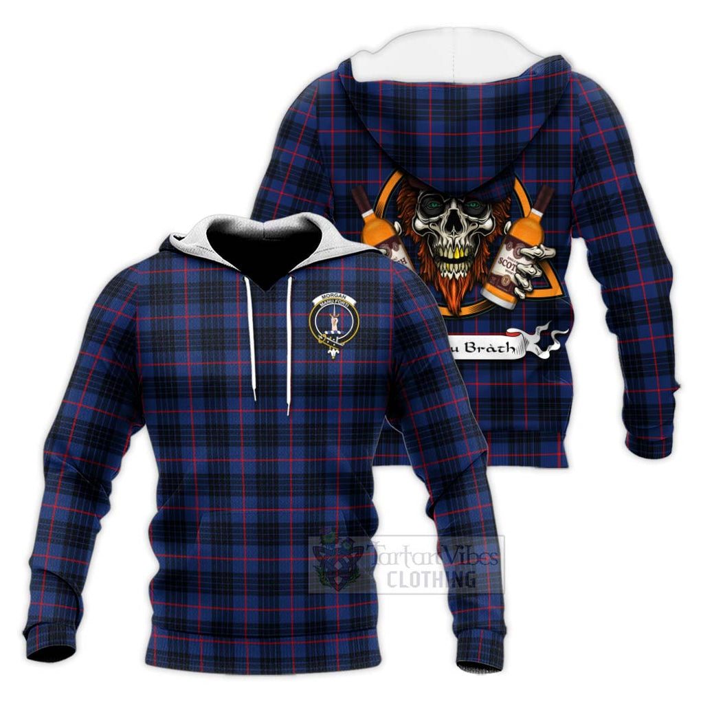 Tartan Vibes Clothing Morgan Tartan Knitted Hoodie with Family Crest and Bearded Skull Holding Bottles of Whiskey