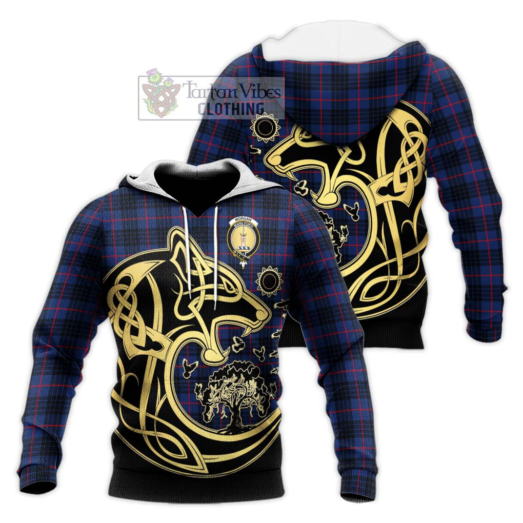 Morgan Tartan Knitted Hoodie with Family Crest Celtic Wolf Style Unisex Knitted Pullover Hoodie - Tartan Vibes Clothing