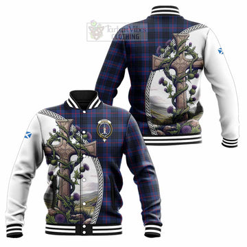 Morgan Tartan Baseball Jacket with Family Crest and St. Andrew's Cross Accented by Thistle Vines Unisex - Tartan Vibes Clothing