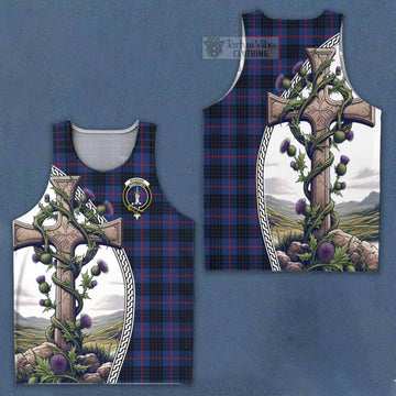 Morgan Tartan Men's Tank Top with Family Crest and St. Andrew's Cross Accented by Thistle Vines