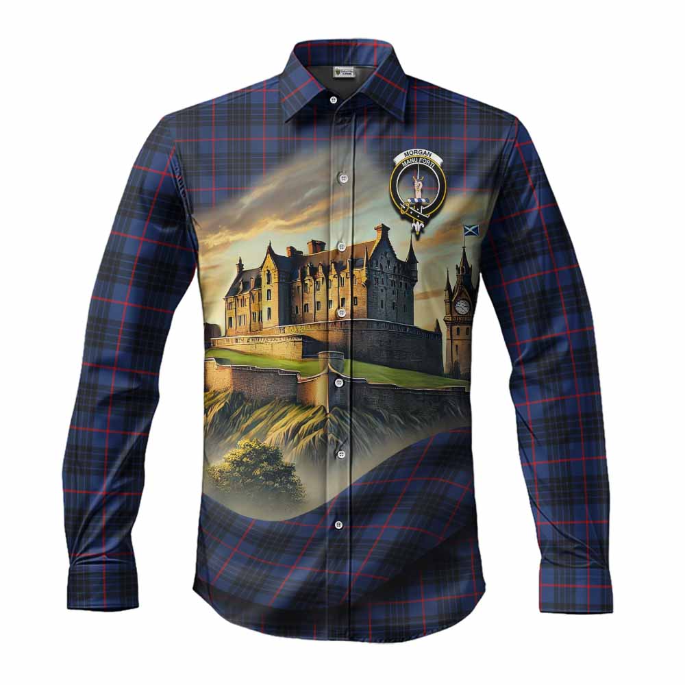 Morgan Tartan Family Crest Long Sleeve Button Shirt with Scottish Ancient Castle Style Men's Shirt S - Tartan Vibes Clothing