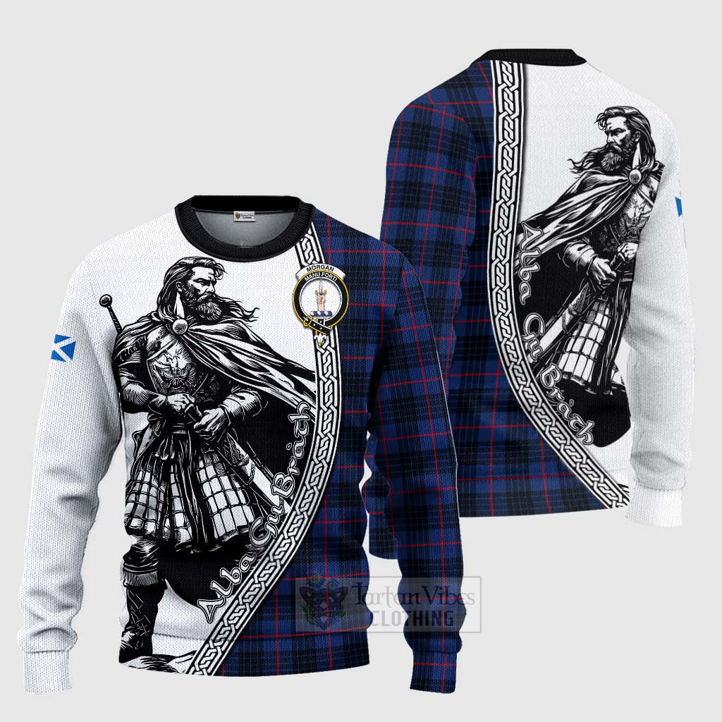 Tartan Vibes Clothing Morgan Tartan Clan Crest Knitted Sweater with Highlander Warrior Celtic Style