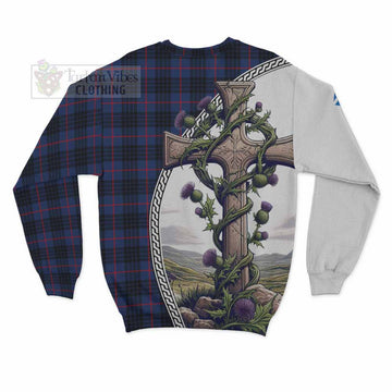 Morgan Tartan Sweatshirt with Family Crest and St. Andrew's Cross Accented by Thistle Vines - Tartan Vibes Clothing