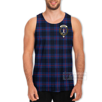 Morgan Tartan Men's Tank Top with Family Crest and Bearded Skull Holding Bottles of Whiskey