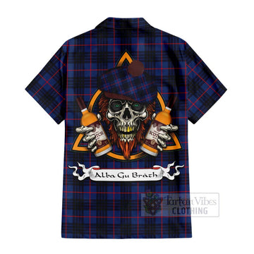 Morgan Tartan Hawaiian Shirt with Family Crest and Bearded Skull Holding Bottles of Whiskey - Tartan Vibes Clothing
