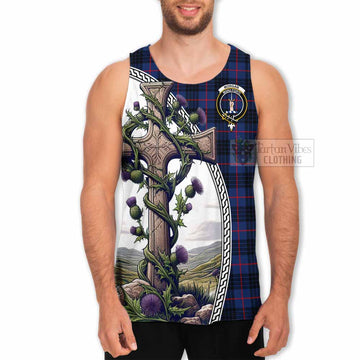 Morgan Tartan Men's Tank Top with Family Crest and St. Andrew's Cross Accented by Thistle Vines