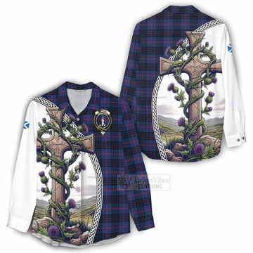 Morgan Tartan Women's Casual Shirt with Family Crest and St. Andrew's Cross Accented by Thistle Vines - Tartan Vibes Clothing