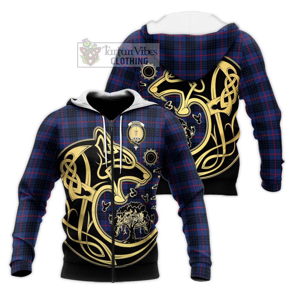 Morgan Tartan Knitted Hoodie with Family Crest Celtic Wolf Style Unisex Knitted Zip Hoodie - Tartan Vibes Clothing