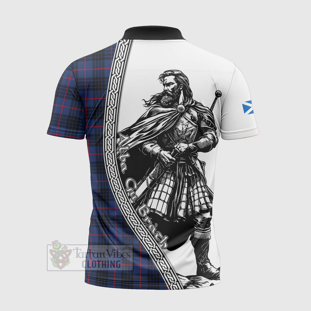Morgan Tartan Clan Crest Zipper Polo Shirt with Highlander Warrior Celtic Style - Tartan Vibes Clothing