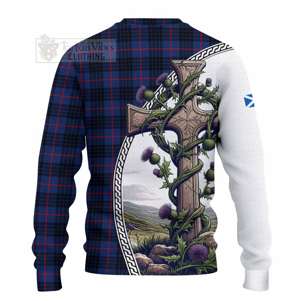 Tartan Vibes Clothing Morgan Tartan Knitted Sweater with Family Crest and St. Andrew's Cross Accented by Thistle Vines