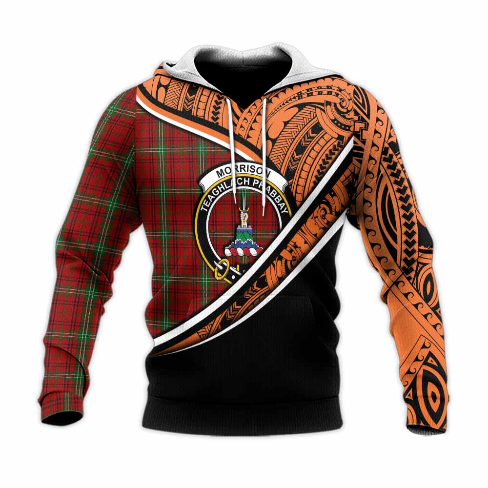 Tartan Vibes Clothing Morrison Crest Tartan Knitted Hoodie with Maori Tattoo Style - Orange Version