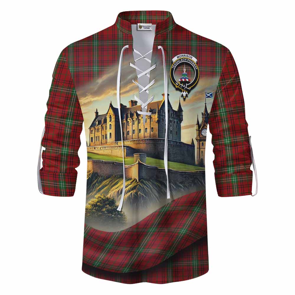 Morrison Tartan Family Crest Ghillie Kilt Shirt with Scottish Ancient Castle Style Men - Tartan Vibes Clothing