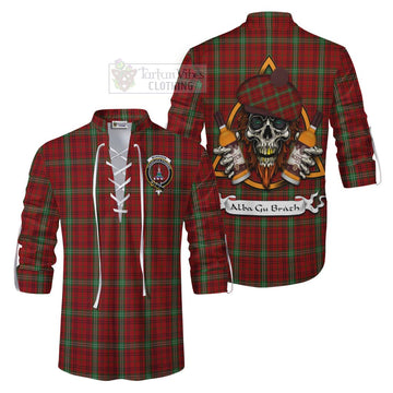 Morrison Tartan Ghillie Kilt Shirt with Family Crest and Bearded Skull Holding Bottles of Whiskey