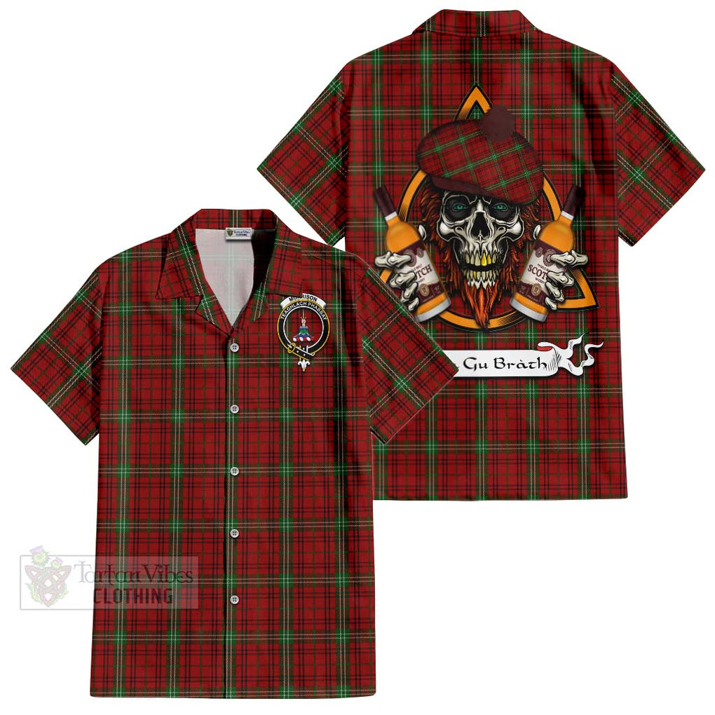 Tartan Vibes Clothing Morrison Tartan Short Sleeve Button Shirt with Family Crest and Bearded Skull Holding Bottles of Whiskey