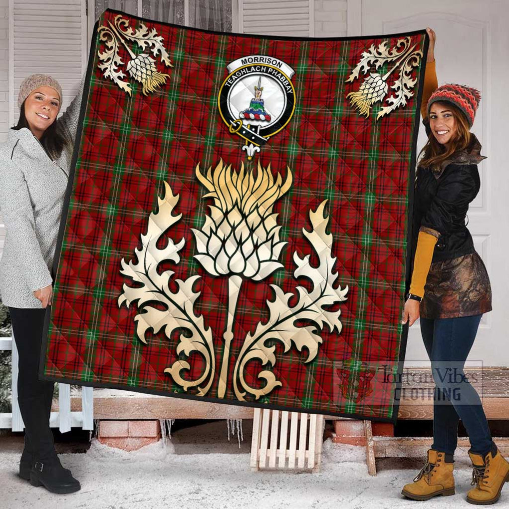 Tartan Vibes Clothing Morrison Tartan Quilt with Family Crest and Golden Thistle Style