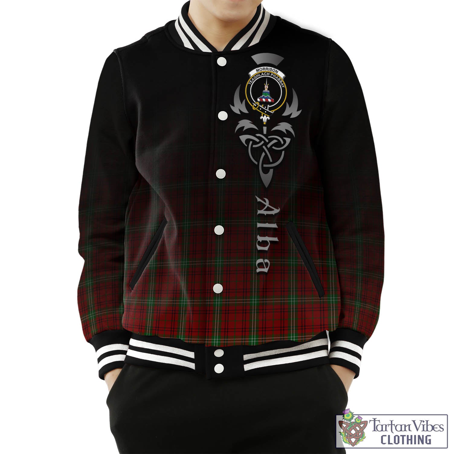 Tartan Vibes Clothing Morrison Tartan Baseball Jacket Featuring Alba Gu Brath Family Crest Celtic Inspired