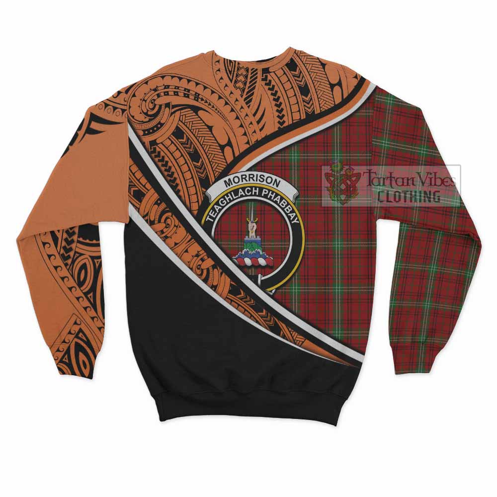 Tartan Vibes Clothing Morrison Crest Tartan Sweatshirt with Maori Tattoo Style - Orange Version