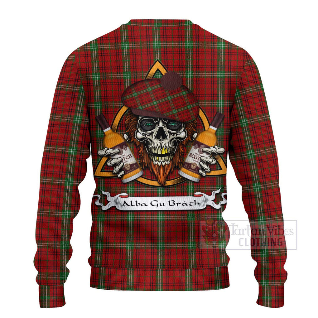 Tartan Vibes Clothing Morrison Tartan Knitted Sweater with Family Crest and Bearded Skull Holding Bottles of Whiskey