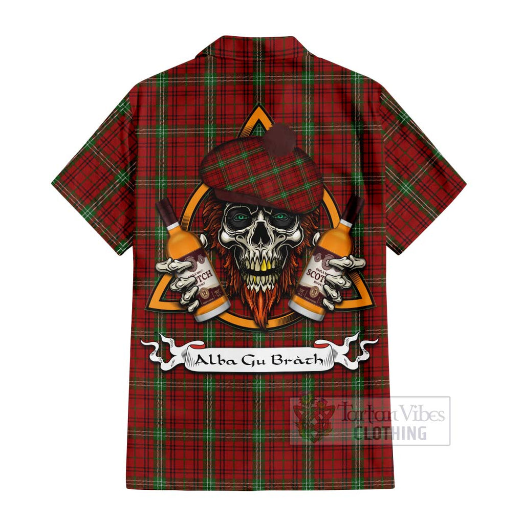 Tartan Vibes Clothing Morrison Tartan Short Sleeve Button Shirt with Family Crest and Bearded Skull Holding Bottles of Whiskey