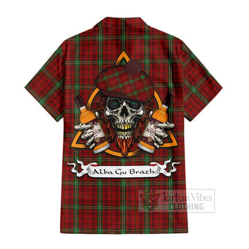 Morrison Tartan Short Sleeve Button Shirt with Family Crest and Bearded Skull Holding Bottles of Whiskey