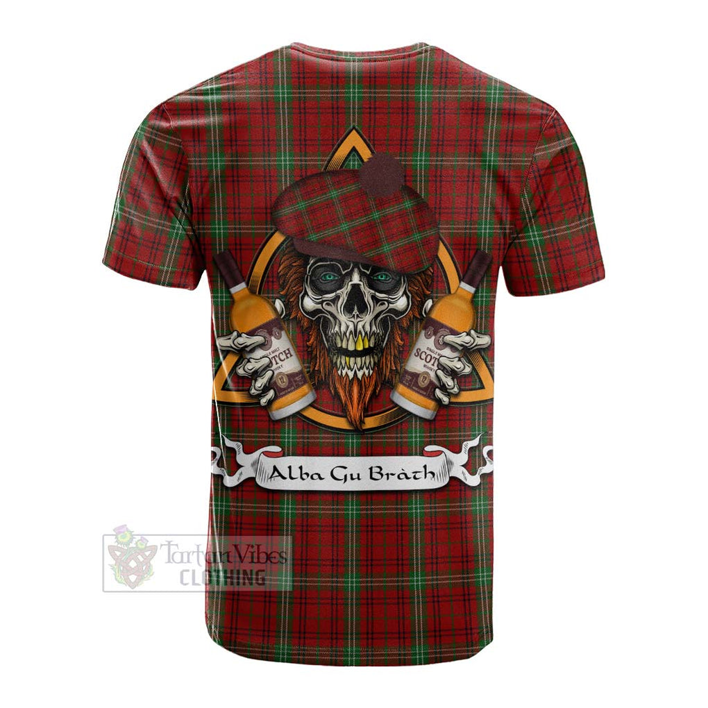 Tartan Vibes Clothing Morrison Tartan Cotton T-shirt with Family Crest and Bearded Skull Holding Bottles of Whiskey