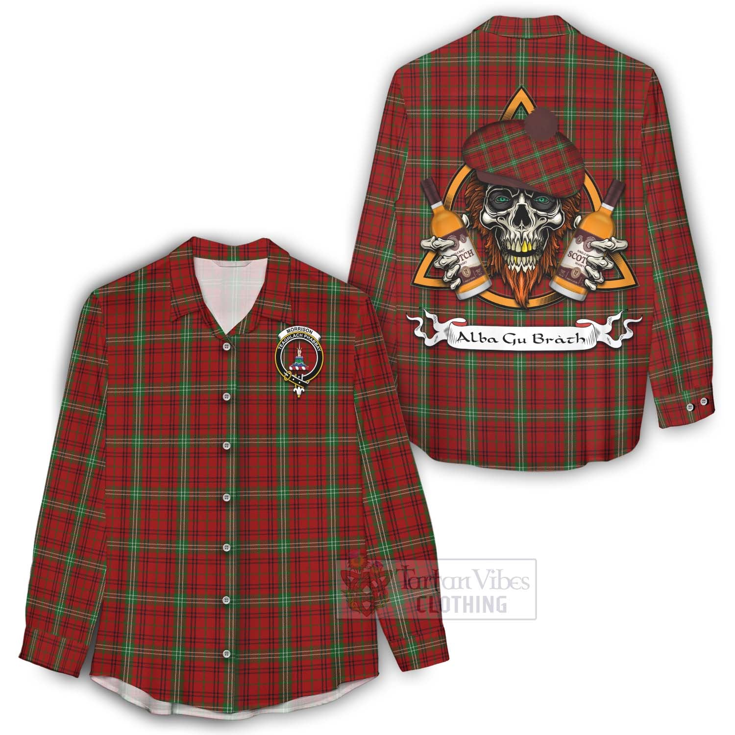 Tartan Vibes Clothing Morrison Tartan Women's Casual Shirt with Family Crest and Bearded Skull Holding Bottles of Whiskey