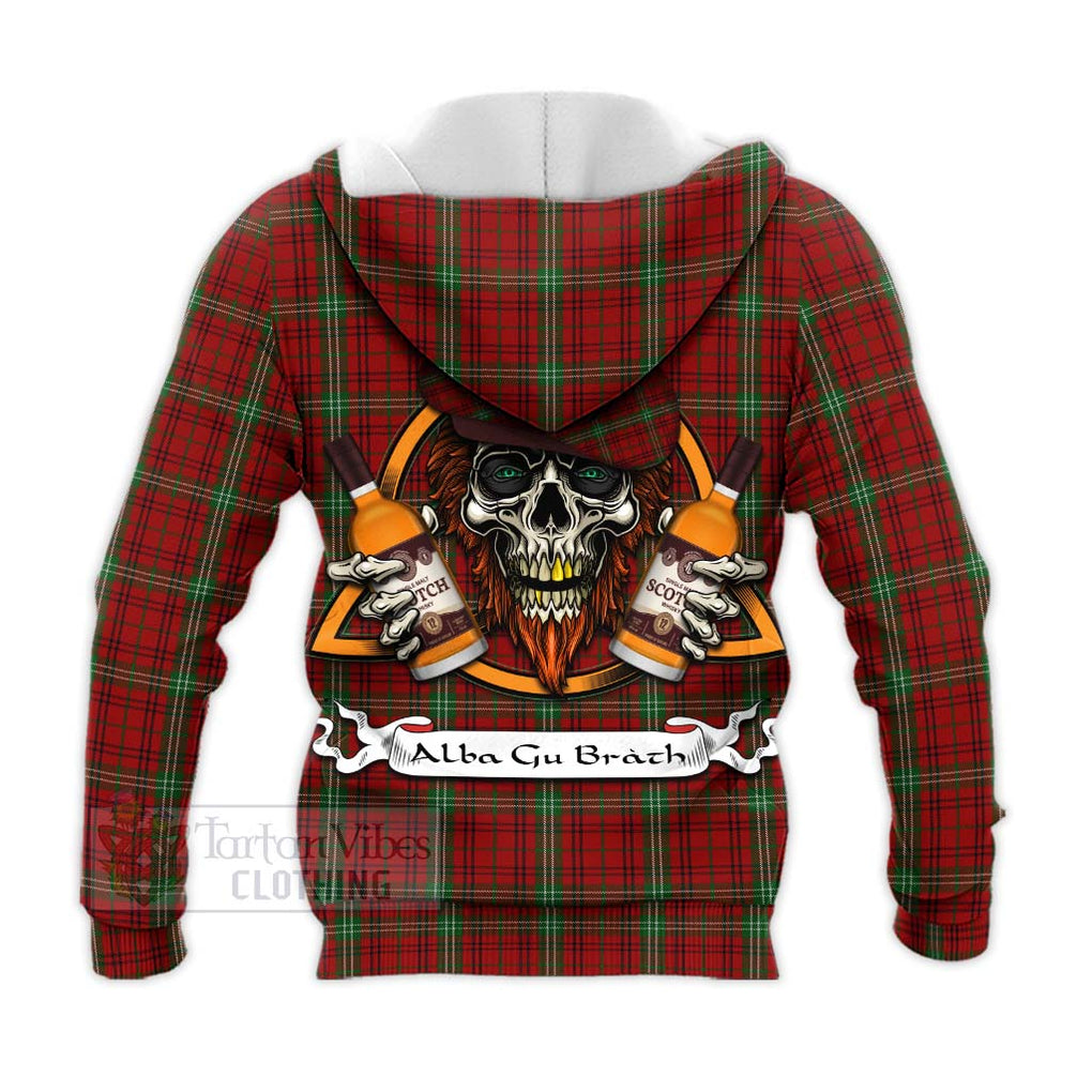 Tartan Vibes Clothing Morrison Tartan Knitted Hoodie with Family Crest and Bearded Skull Holding Bottles of Whiskey